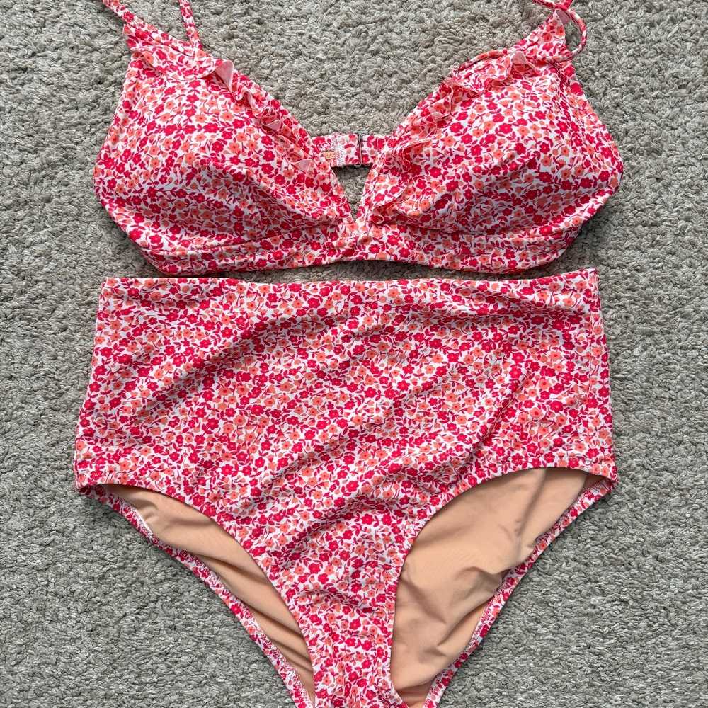 J Crew Factory high waisted bikini set - pink floral